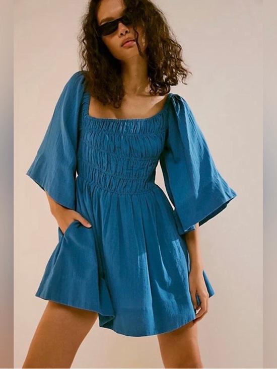 Free People Dresses & Skirts - Free People Sunnier With You Blue Smocked Square-Neck Mini Dress XS
